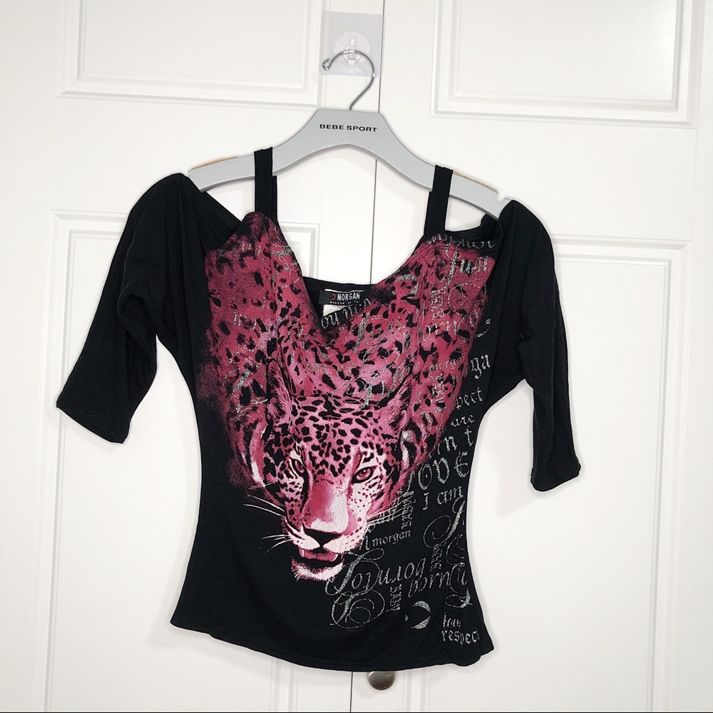 Morgan De Toi Women Black Tiger Cold Shoulder Top